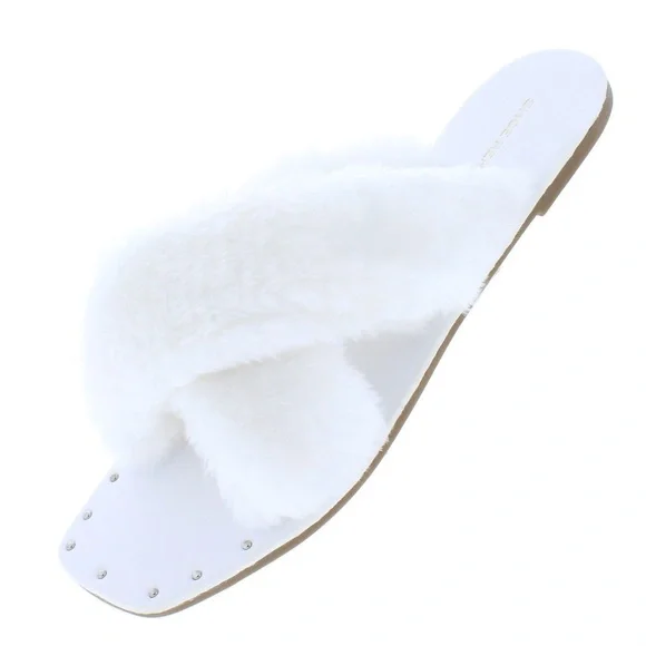 Snowy White Luxe Fuzzy Furry Sherpa Padded Slide Slipper Sandals - Picture 2 of 4